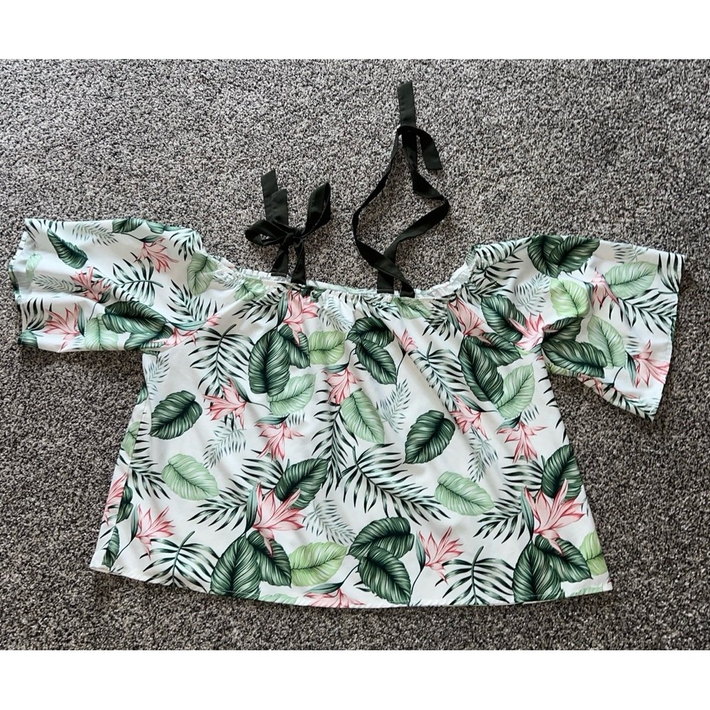 SHEIN women's palm leaf print off the shoulder tie straps top size 4XL